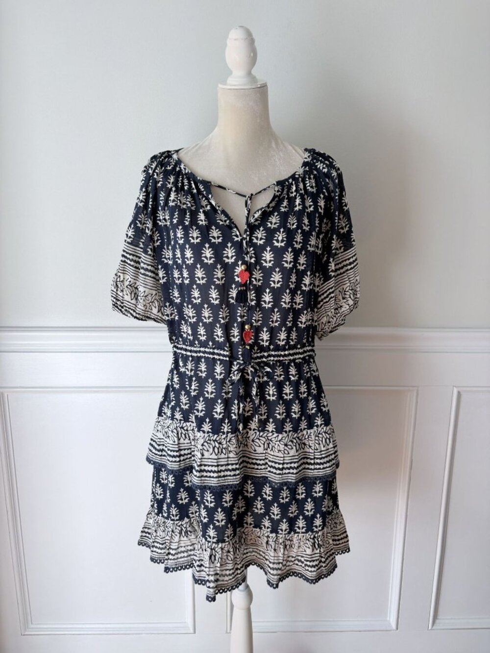 Alicia Bell Navy Blue White Tiered Dress Block Print L